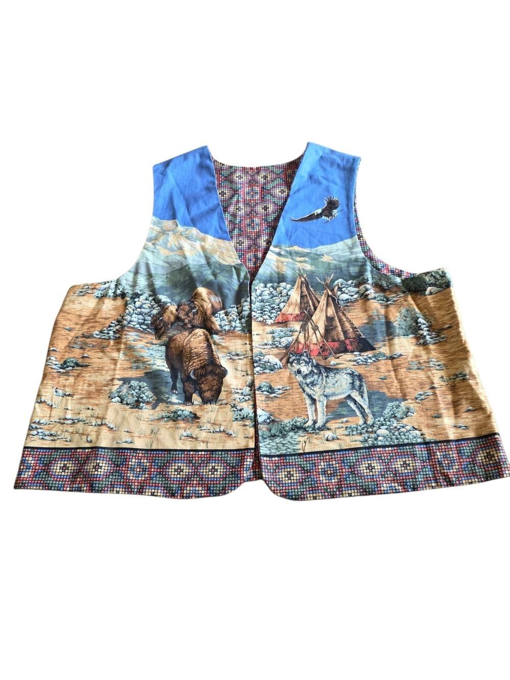Vintage Western Native American Horse Bison Wolf Eagle Reversible Vest Sz Large